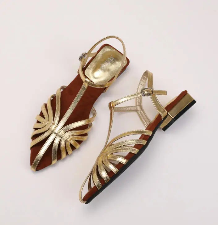 ZAROY Women Roman Sandals Summer Low Heel Ankle Strap Buckle Sandals Pointed Toe Hollowed Out T-strap Sandalias сандали