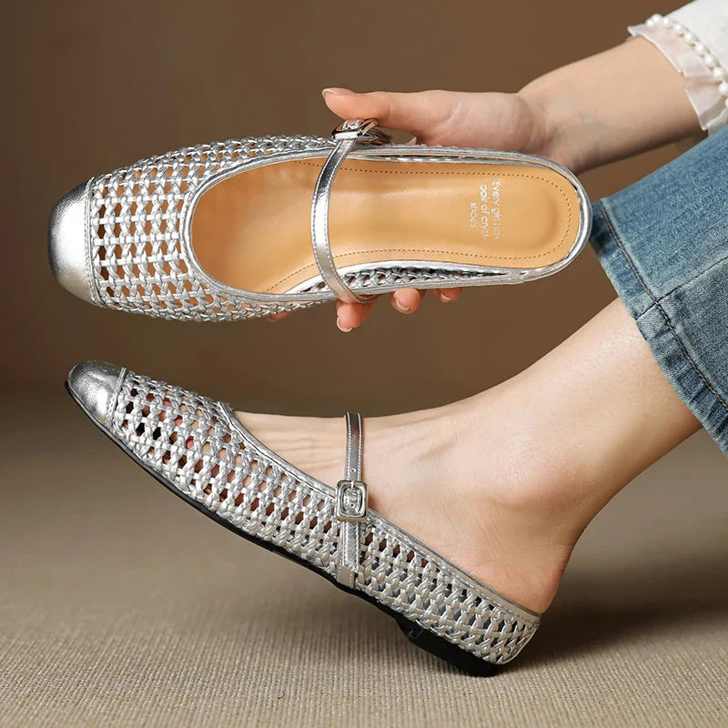 2025 New Summer Weave Slippers Cover Toe Sandals Mesh Mules Women Shoes increase height Heel Ladies Shoes Modern Slippers Sliver