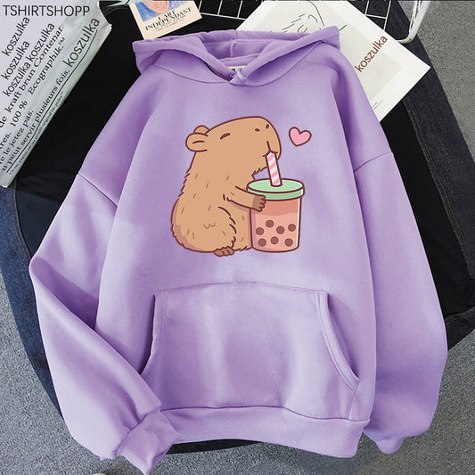 Sudadera con capucha de capibara amante del té boba