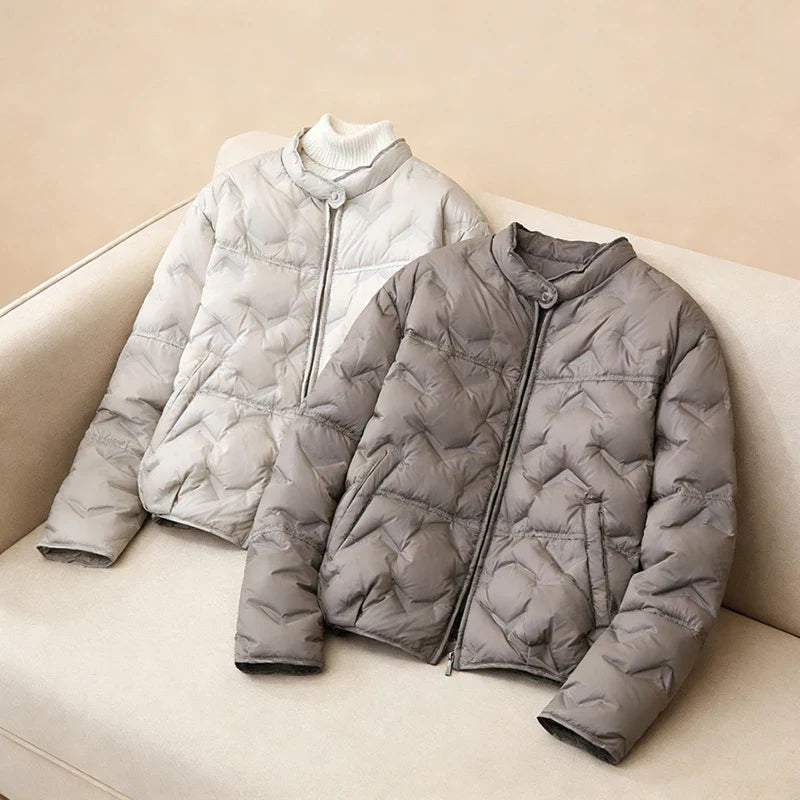 Schinteon Women White Duck Down Lightweight Puffer Quilted Jacket Stand Collar Fashion Autumn Winter Short Coat 2026 New