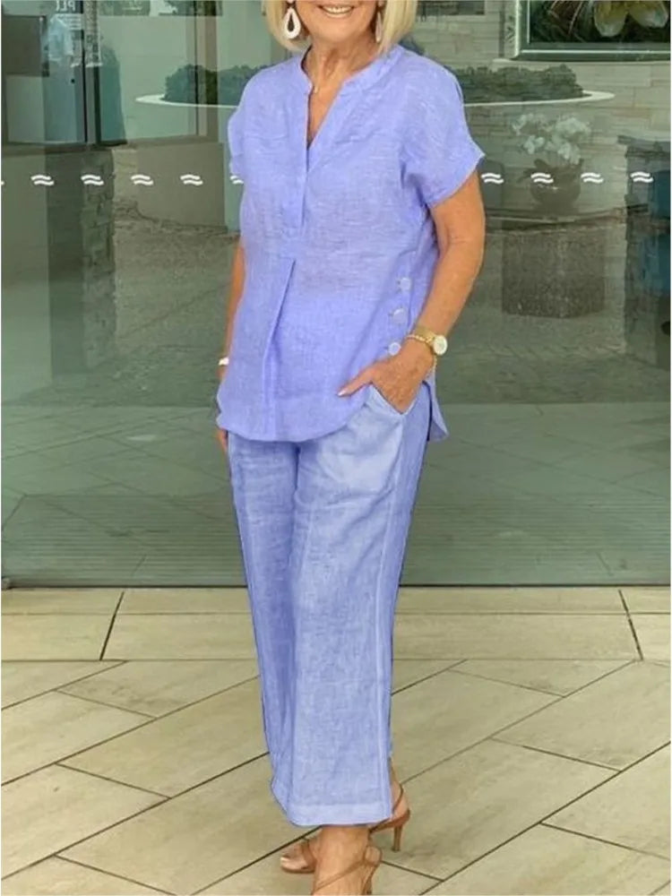 New Summer Women's Short-sleeve Tops Pants Casual Two-piece Suit Fashion Elegant Office Solid Holiday 2-piece Set Women Clothes