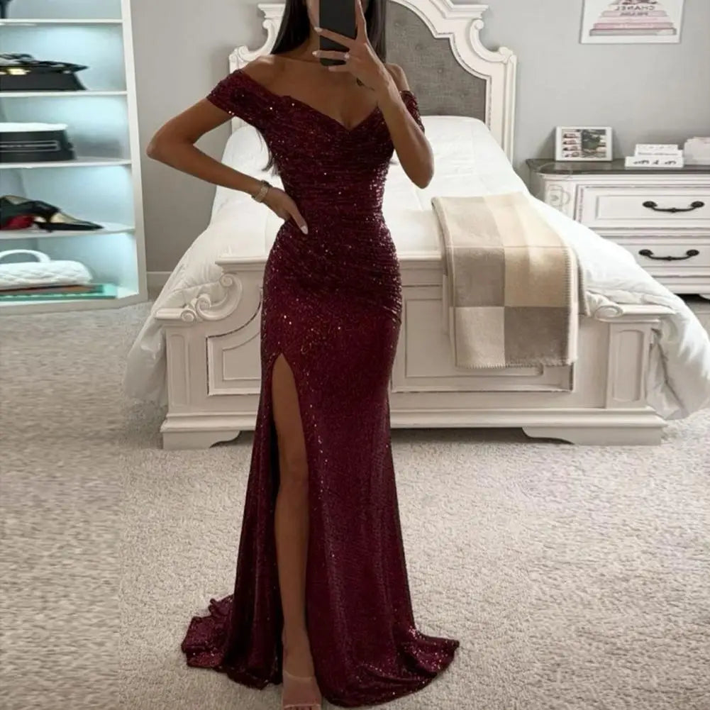 Elegante vestido de noche con cuello en V, hombros descubiertos, maxi vestido con lentejuelas, cintura plisada, ajustado, sexy, con abertura, vestidos largos