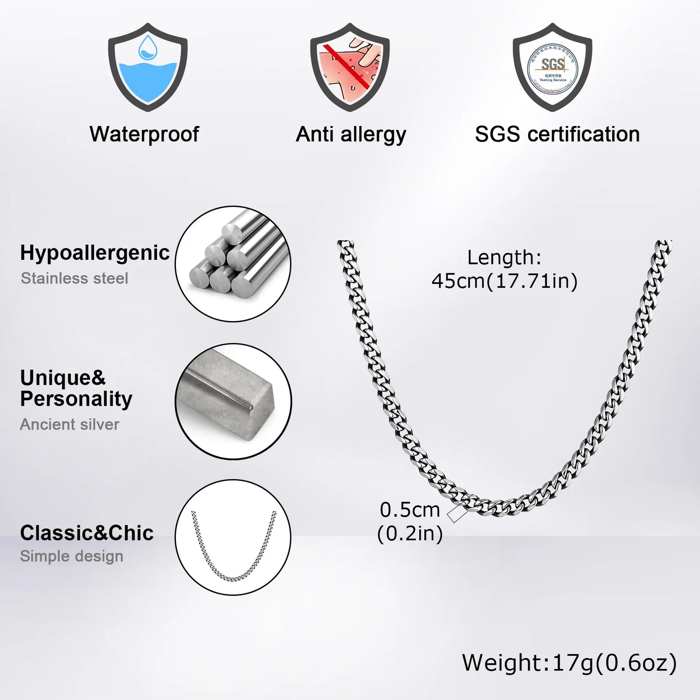 3-11mm Classic Cuban Chain Necklace for, Silver Black Gold Grey Color