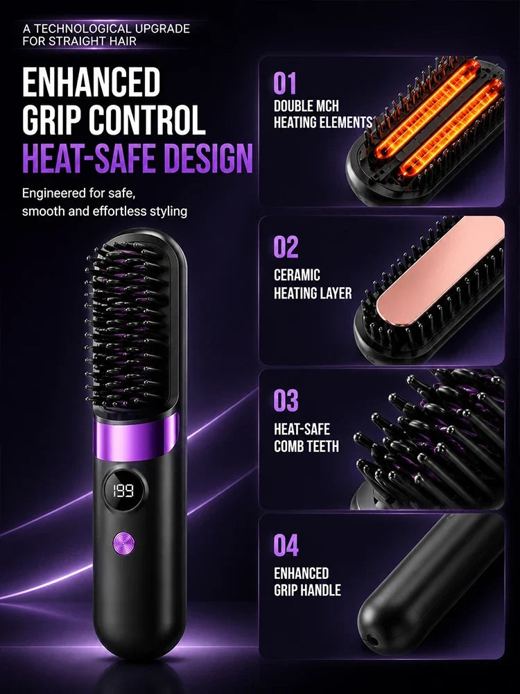 Hair Straightener Brush USB Rechargeable with LCD Display Ceramic Comb for Smooth Hair Styling at Home and Travel