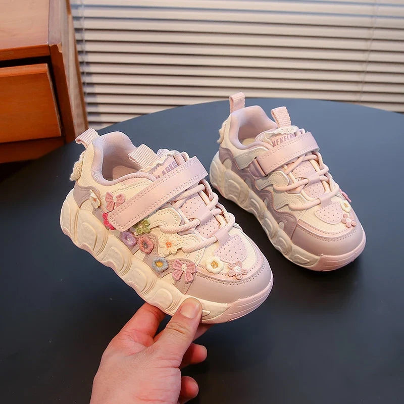 Fashion Leather Sneakers for Girls Children Casual Sports Shoes Floral Pattern Shoes for Kids Comfortable Walking Shoes