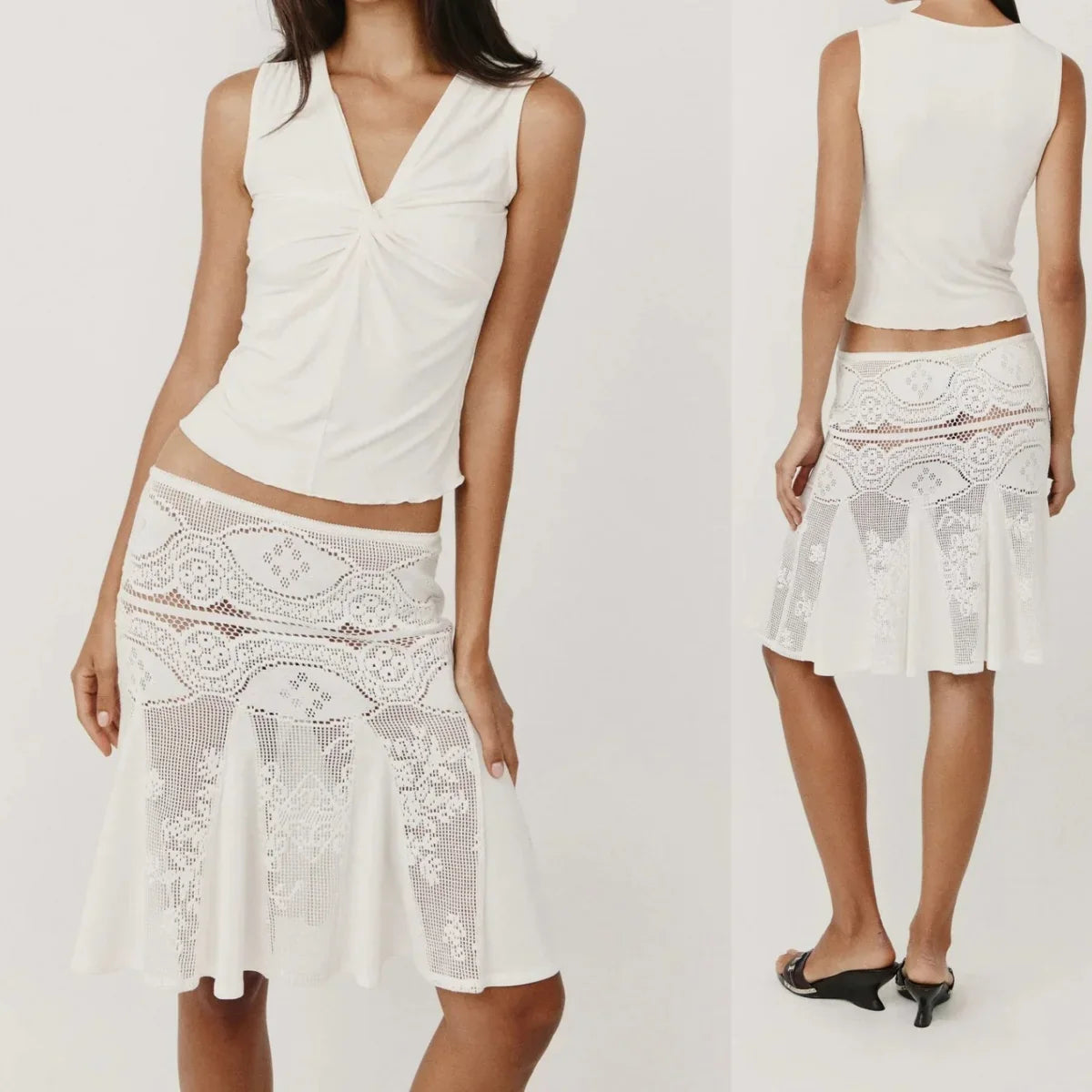 Wj Twisted V-Neck Sleeveless Top with Hollow-Out Crochet Fishtail Skirt Two-Piece Set, Hollow-Out Jacquard Flared Fishtail Skirt, Slim-Fit Waist-Cinching Tank Top, Slim-Fit Sleeveless Crochet See-Through Fishtail Skirt