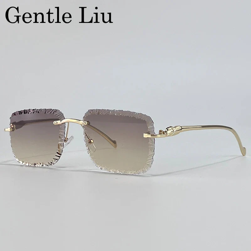 Fashion Square Rimless Punk Sunglasses Men 2025 Luxury Brand Cut Edge Frameless Sun Glasses For Male Leopard Head Eyewear Shades