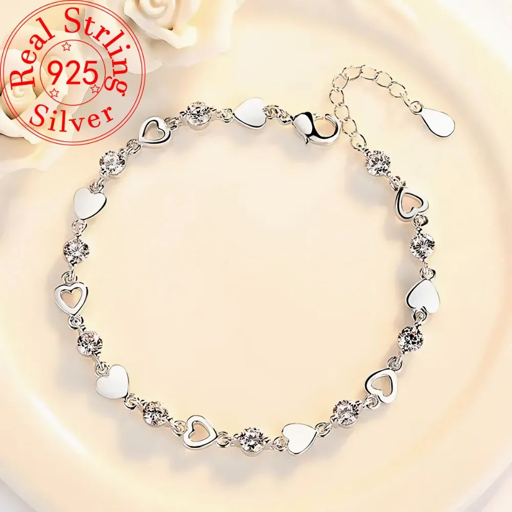 925 Sterling Silver Heart Shaped Necklace Bracelet Set for Women