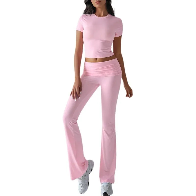 Women's Sexy Tops Suits 2026 Summer Latest Casual Solid Color Yoga Suit Slim Fit Sports Short Sleeved Pants Two-Piece Set Outfit