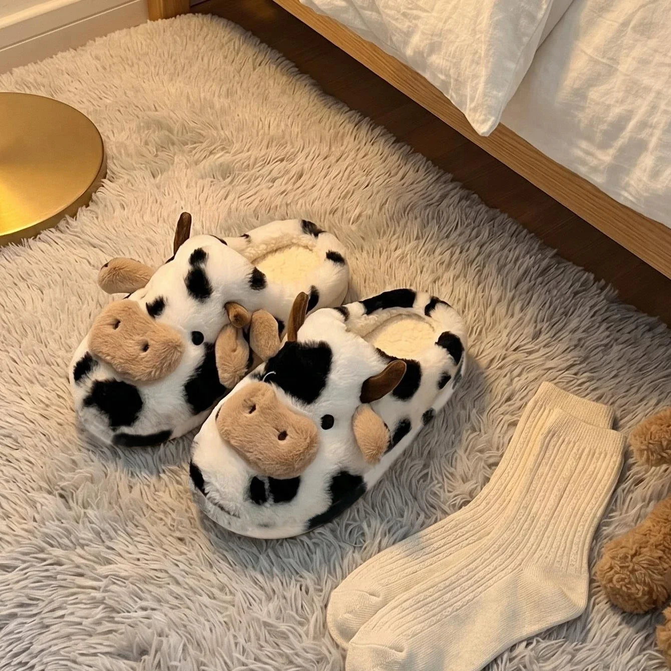 A Pair of Cute Cartoon 3D Cow Plush Slippers for Women, Comfortable Fluffy Home Slippers with Soft Soles for the Bedroom, Cute 3D Milk-Themed Warm Non-Slip Indoor Slippers, Lightweight and Silent Comfortable Shoes for Women, a Top Choice for Holiday Gifts