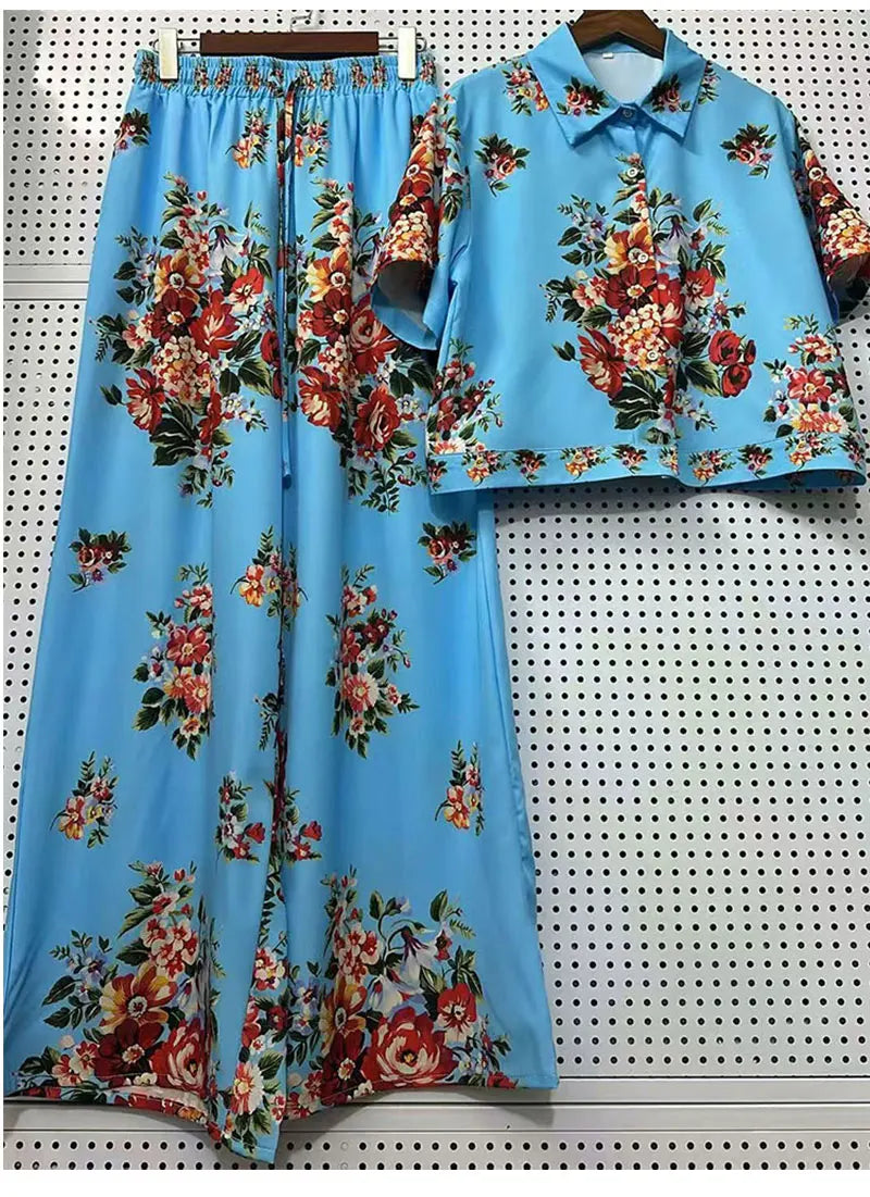 2026 Summer New Fashion Women's Print Suit Lapel Short Sleeve Short Waist Shirt + Elastic Waist Straight Trousers Two-Piece