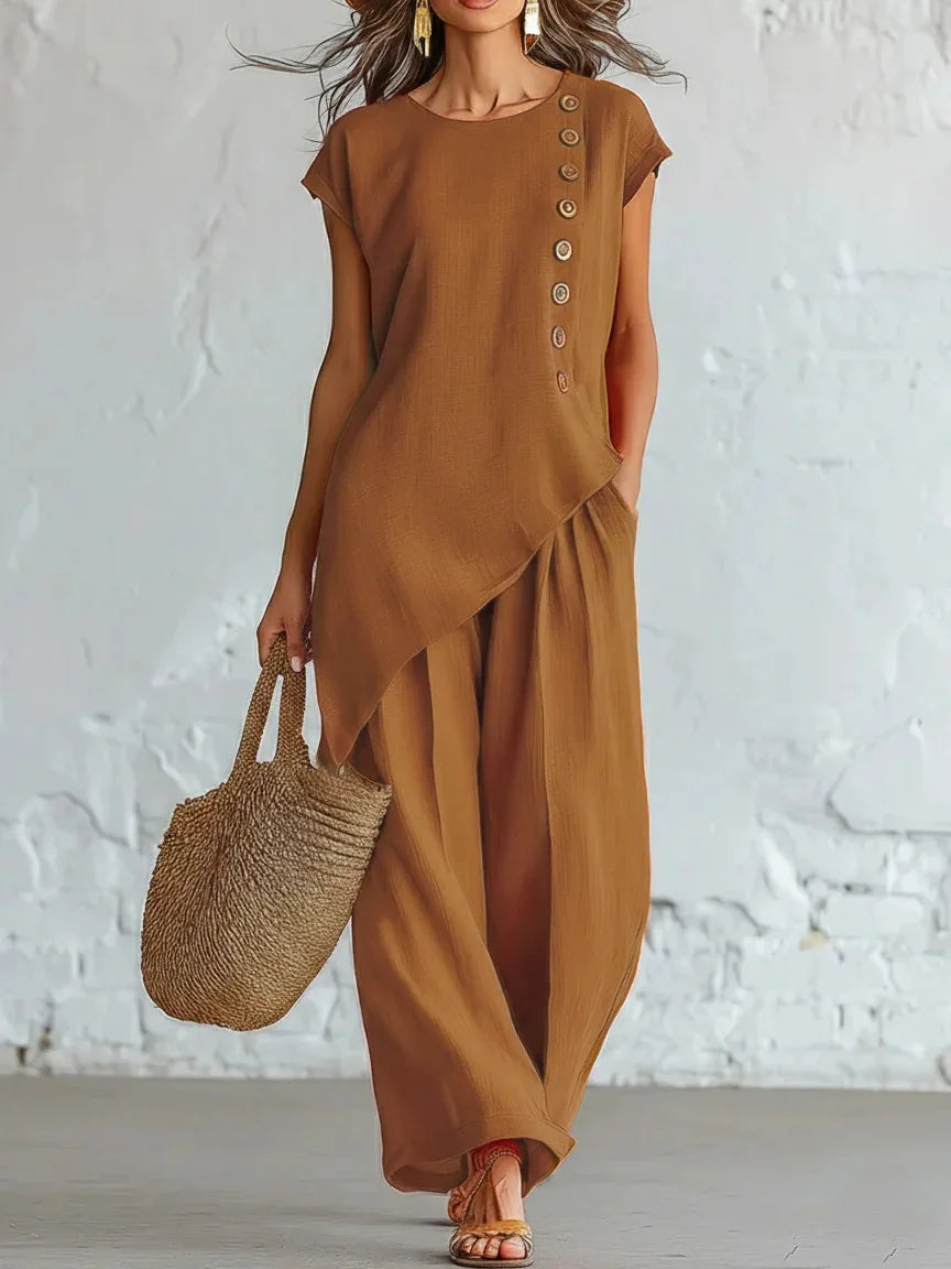 2026 Women 2 Piece Set Elastic Waist Pocket Button Decorate Wide Leg Pants+Solid Blouse Suit Casual Top Trousers Lady Outfits