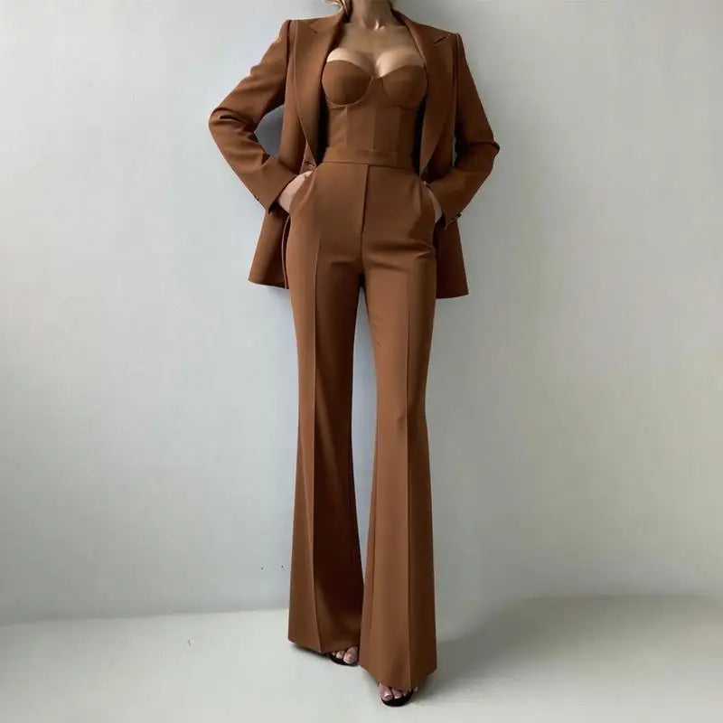 Solid Suit Jacket Corset Pants 3 Piece Set Women Corset Lapel Coat Straight Pants Lady Set 2026 Summer Autumn Commute Outfit New