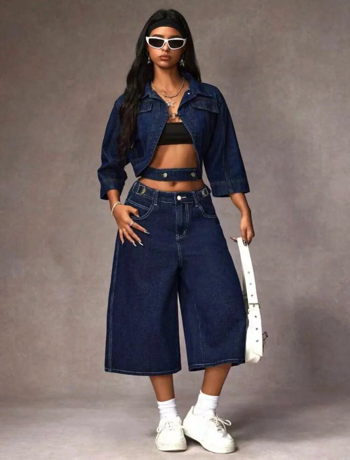 Retro Dark Blue Adjustable Buckle Capri Jeans