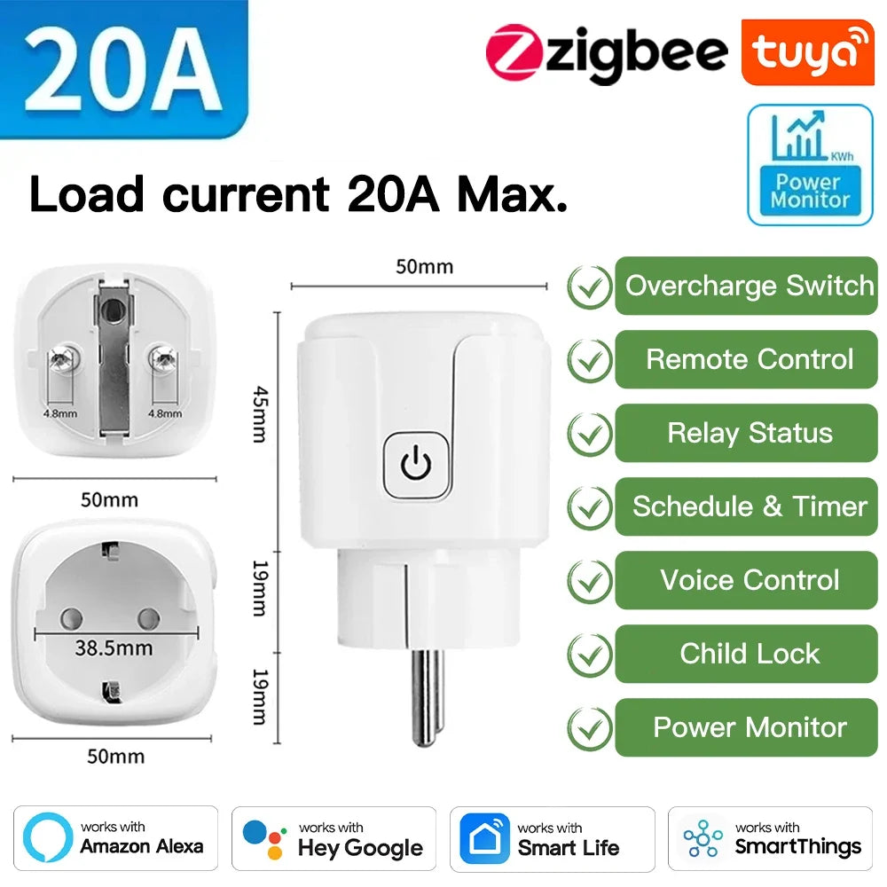 TNCE TUYA Smart Plug WiFi or Zigbee3.0 Socket EU 16/20A With Power Monitor Timing Function Voice Control Works Alexa Google Home
