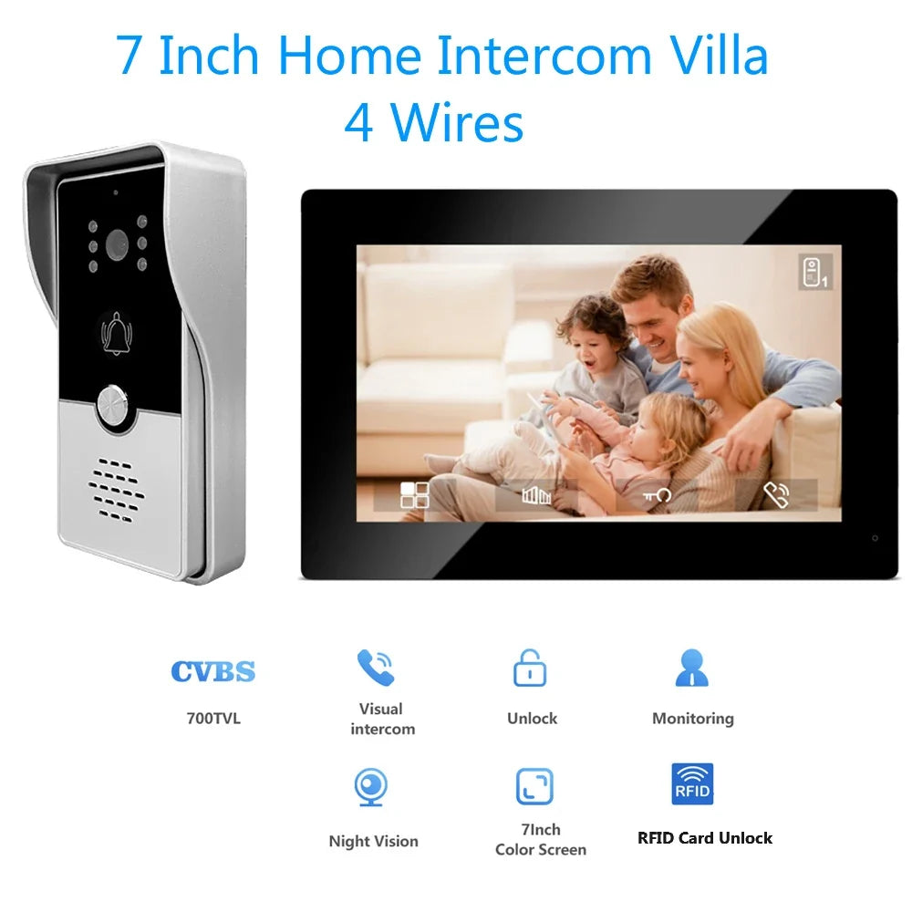 4 Wired Video Intercom System RFID Unlock Camera Doorbell with 7 Inch Screen Night Vision Home Door Bell for Villa M72T