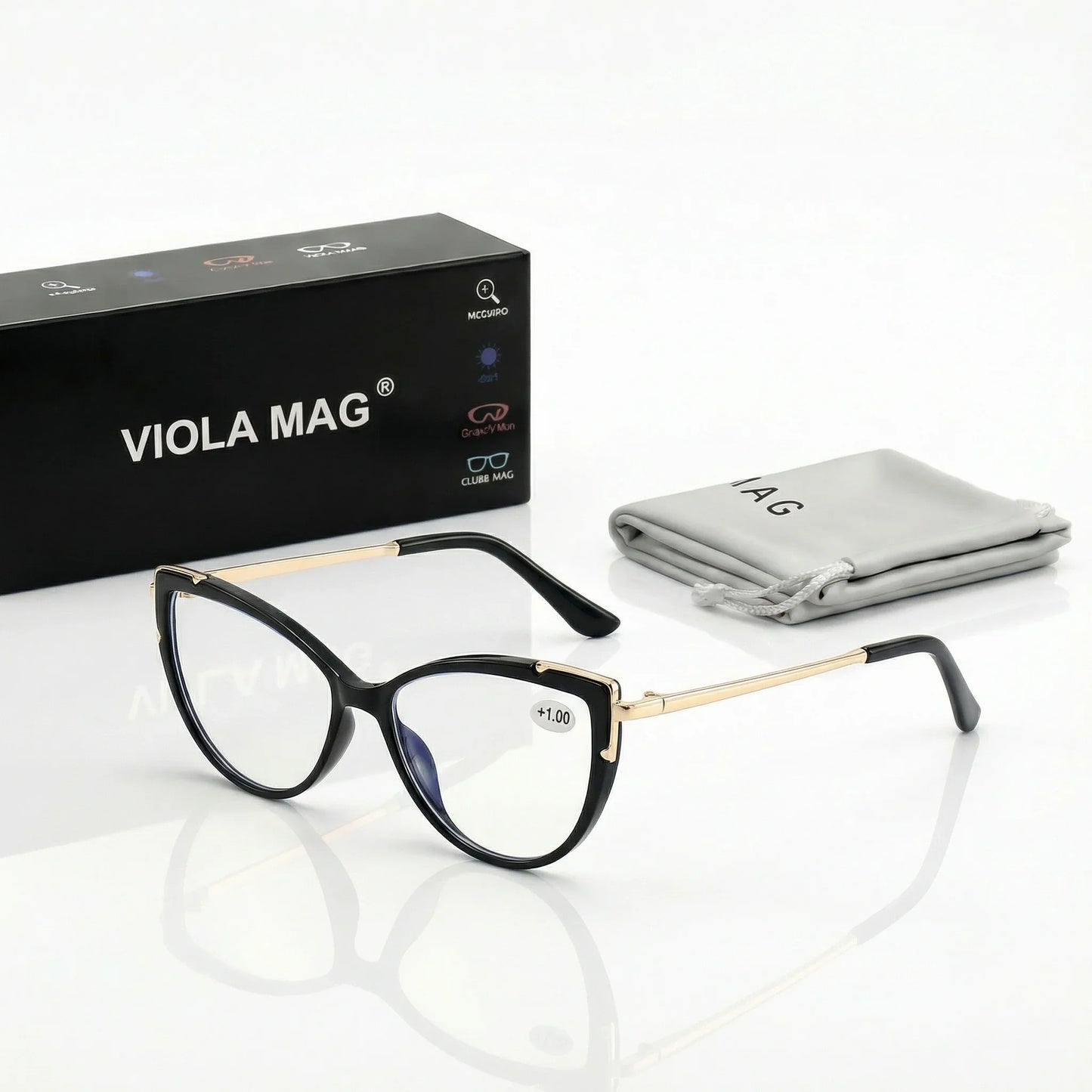 VIOLA MAG Vintage Cat Eye Reading Glasses, Metal Anti Blue Light Glasses, Women's Daily Commuting, Glasses Bag