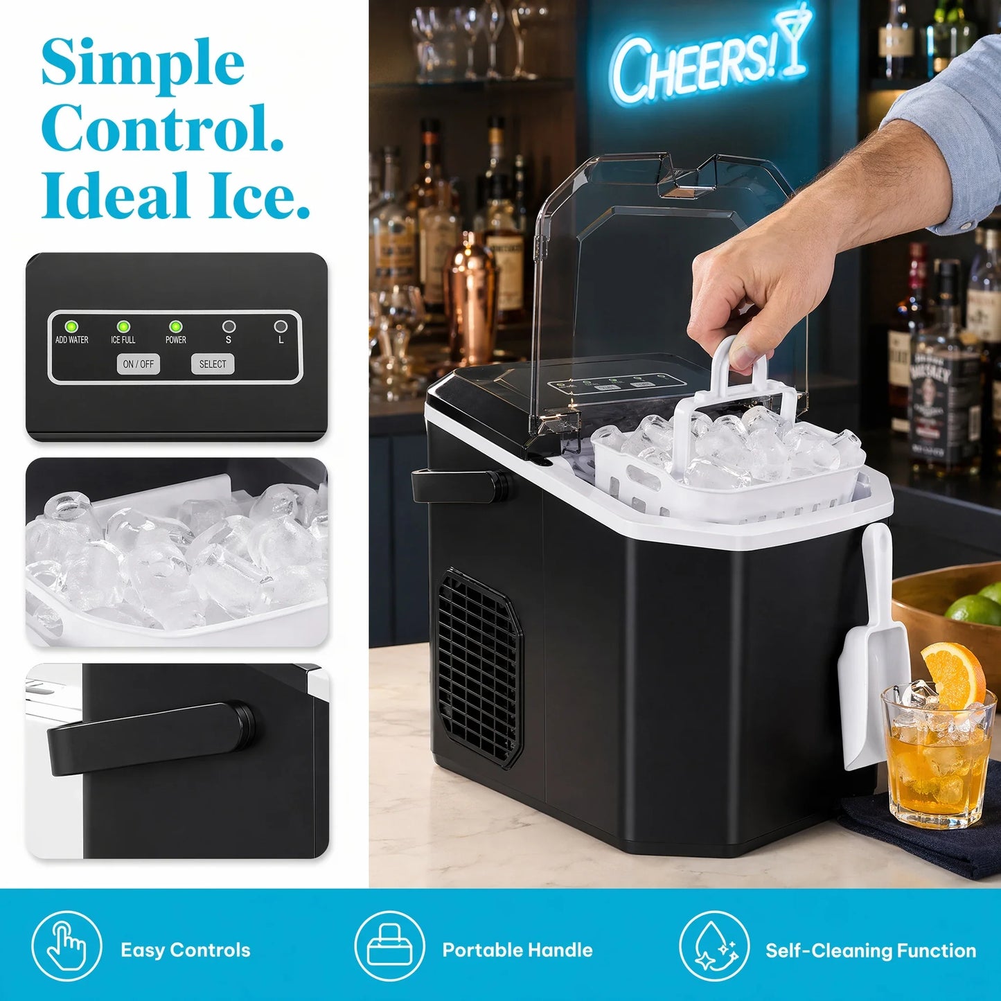 Ice Maker Countertop Machine with Handle, 26lbs in 24h, 9 Ice Cubes Ready in 6 Mins, Self-Cleaning Ice Makers with Basket and Scoop, Ideal for Home, Kitchen, Camping, RV