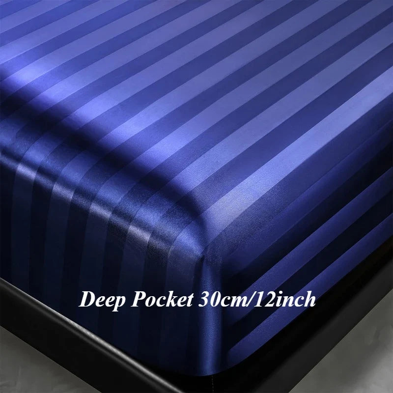 Luxury Satin Striped with Elastic Band Fitted Sheet Silky Soft Deep Pocket Bed Cover Standard Size Twin Full Queen King Bedding