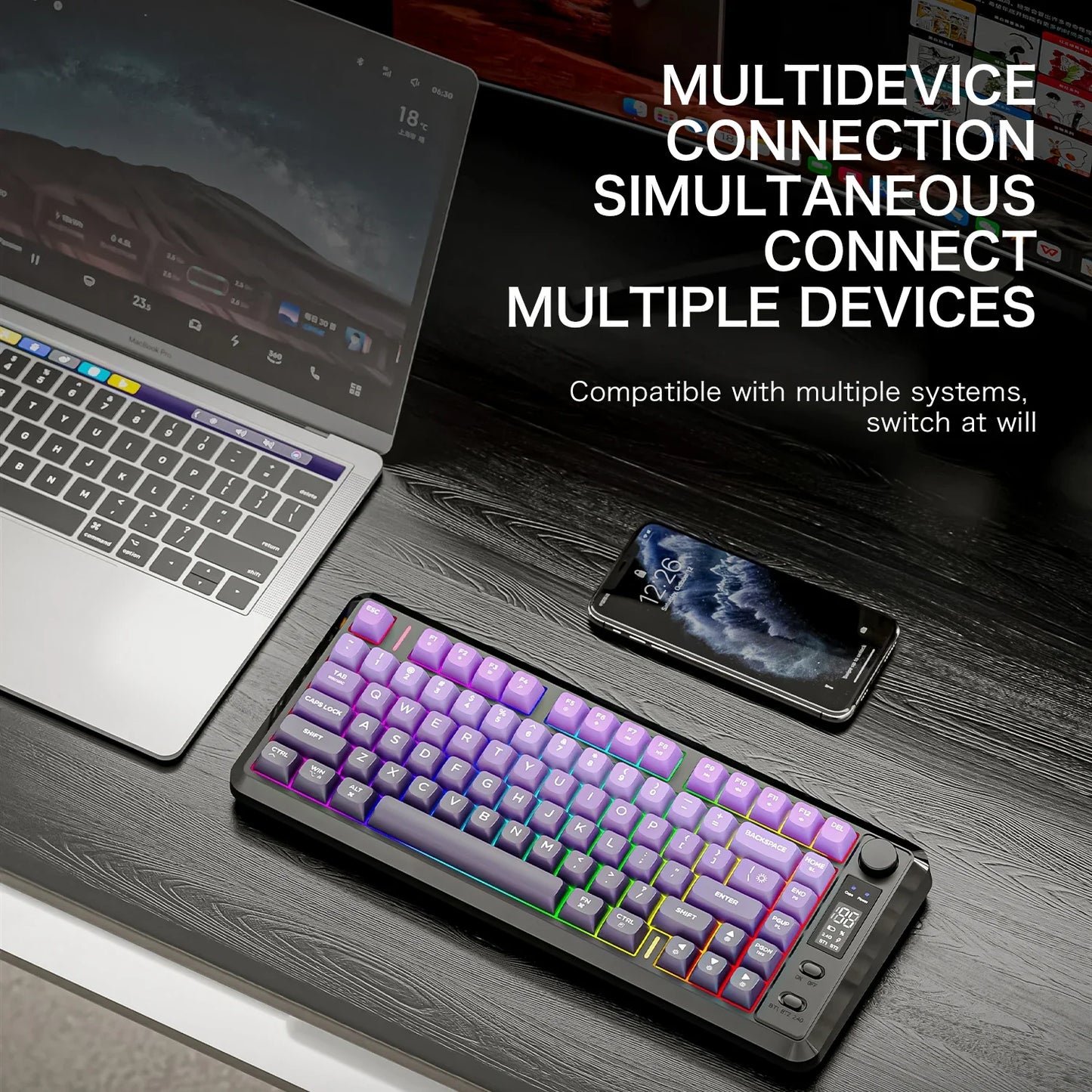 FREEWOLF M75 Wireless Keyboard, Bluetooth Dual-mode, PBT Gradient Ball Cap, With Display Screen, Gaming Keyboard