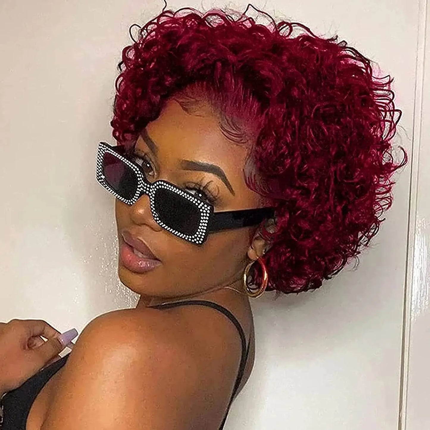Peluca Pixie Cut de 6 pulgadas Cabello Humano 99J Pelucas Bob Cortas Rizadas Pelucas Frontales de Encaje 13x1 Cabello Humano Pelucas Pixie Cut Pelucas Para Mujeres Negras