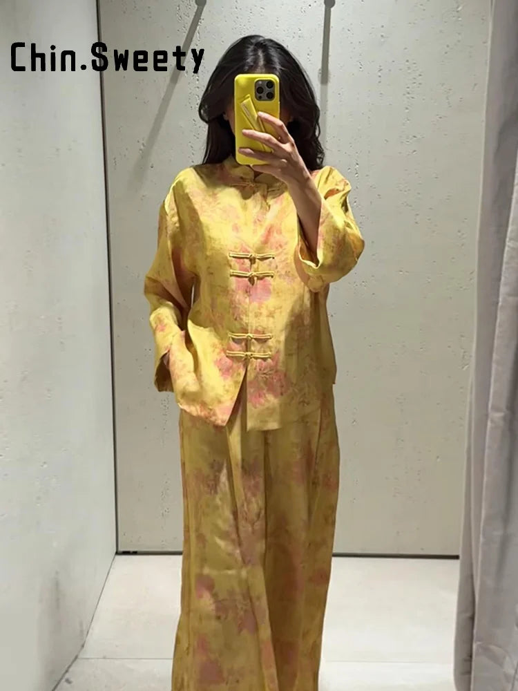 Fashion Women's Printed Button Top Long Pant Set Loose Stand Collar Full Sleeved Tops Wide Leg Pants 2026 Autumn Lady Suit New