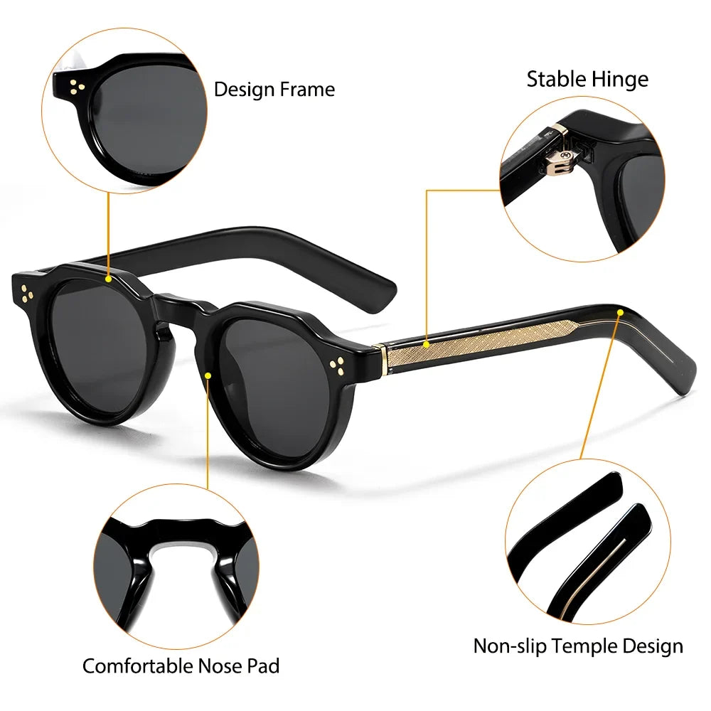HBK Retro Small Round Men Sunglasses High-Quality Thick Style Women Outdoor Travel Business Driving Decorative Glasses UV400