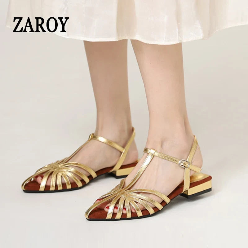 ZAROY Women Roman Sandals Summer Low Heel Ankle Strap Buckle Sandals Pointed Toe Hollowed Out T-strap Sandalias сандали