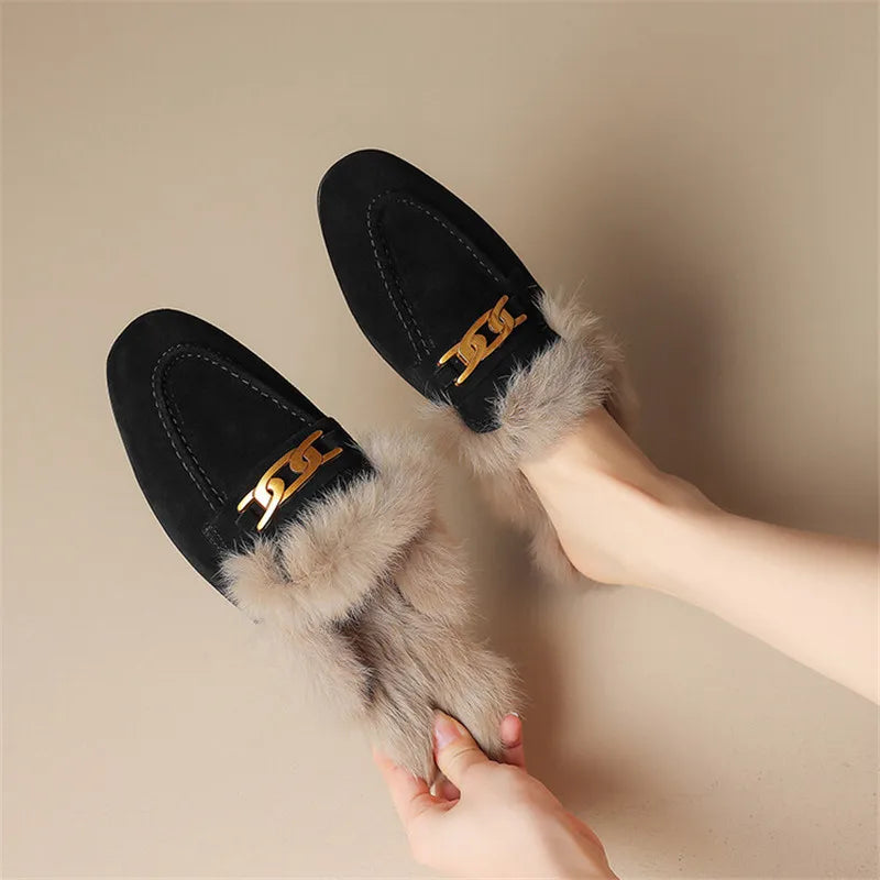 2023 Winter Sheep Suede Women Shoes Rabbit Hair Mules Shoes for Women Round Toe Low Heel Slippers Chunky Heel Cover Toe Slippers