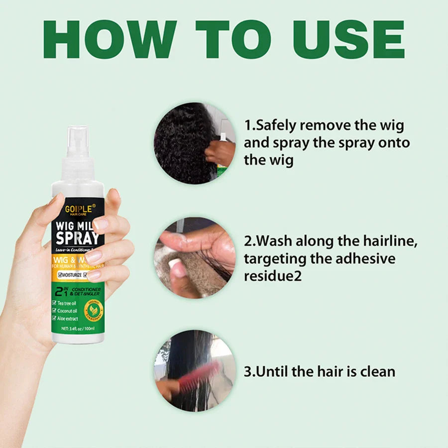 Spray de leche para pelucas de 100 ml, spray humectante para pelucas, cabello sintético, previene el encrespamiento, acondicionador sin enjuague para pelucas, suave y brillante