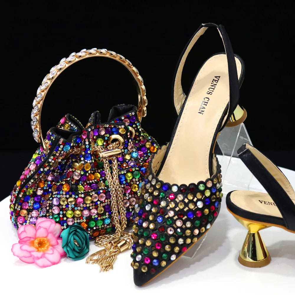 Nuevo conjunto de zapatos y bolso de diseño de diamantes