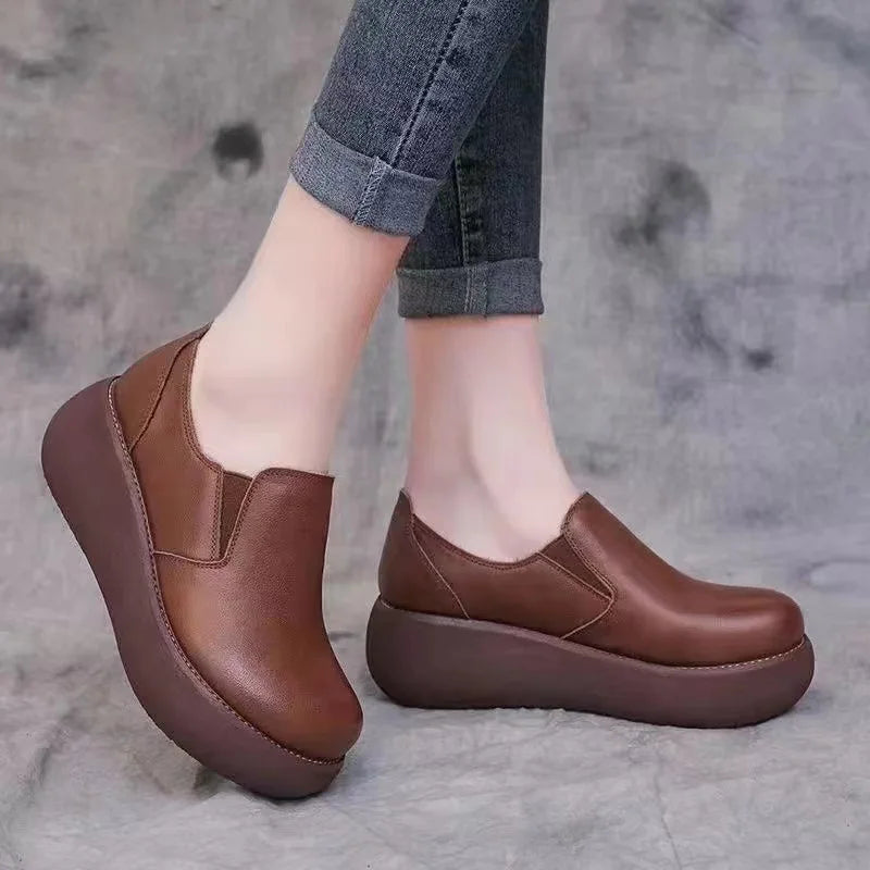 Sneakers Platform Women Shoes 2025 New Flat Wedges Fashion Round Toe Slip on Shoes for Women Leather Work Shoes Heighten Loafers
