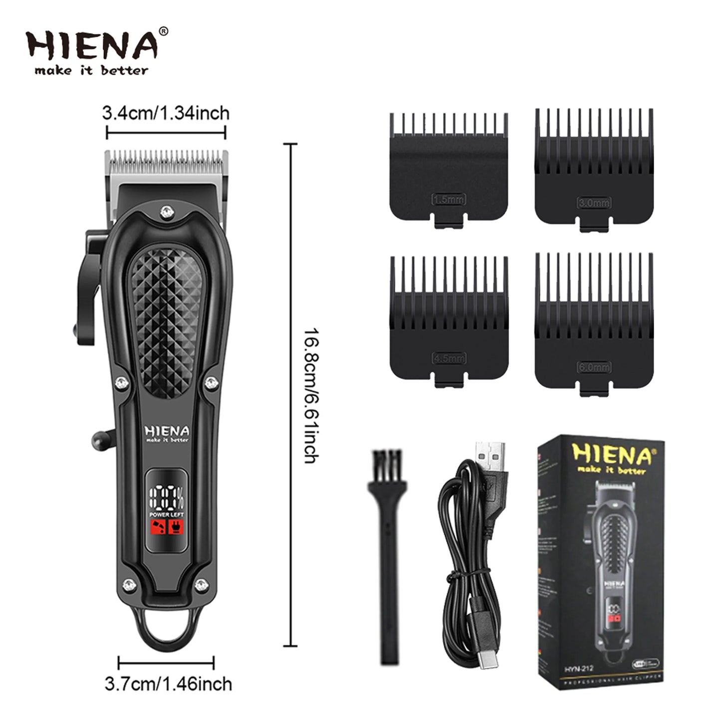 hiena Hair Clipper Professional Hair Cutting Machine Adjustable Hair Trimmer Electric 9000 RPM Barber LED Clipper for Men
