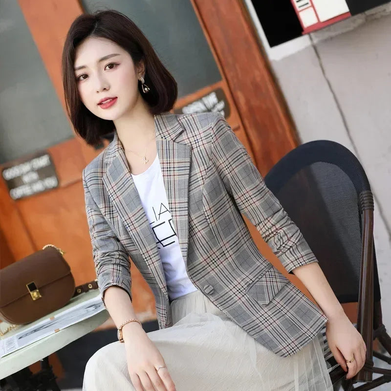 Blazer a cuadros a rayas grises, chaqueta, abrigos delgados de moda para mujer, blazers de mujer con cuello en V de un solo botón S-XXXXXL