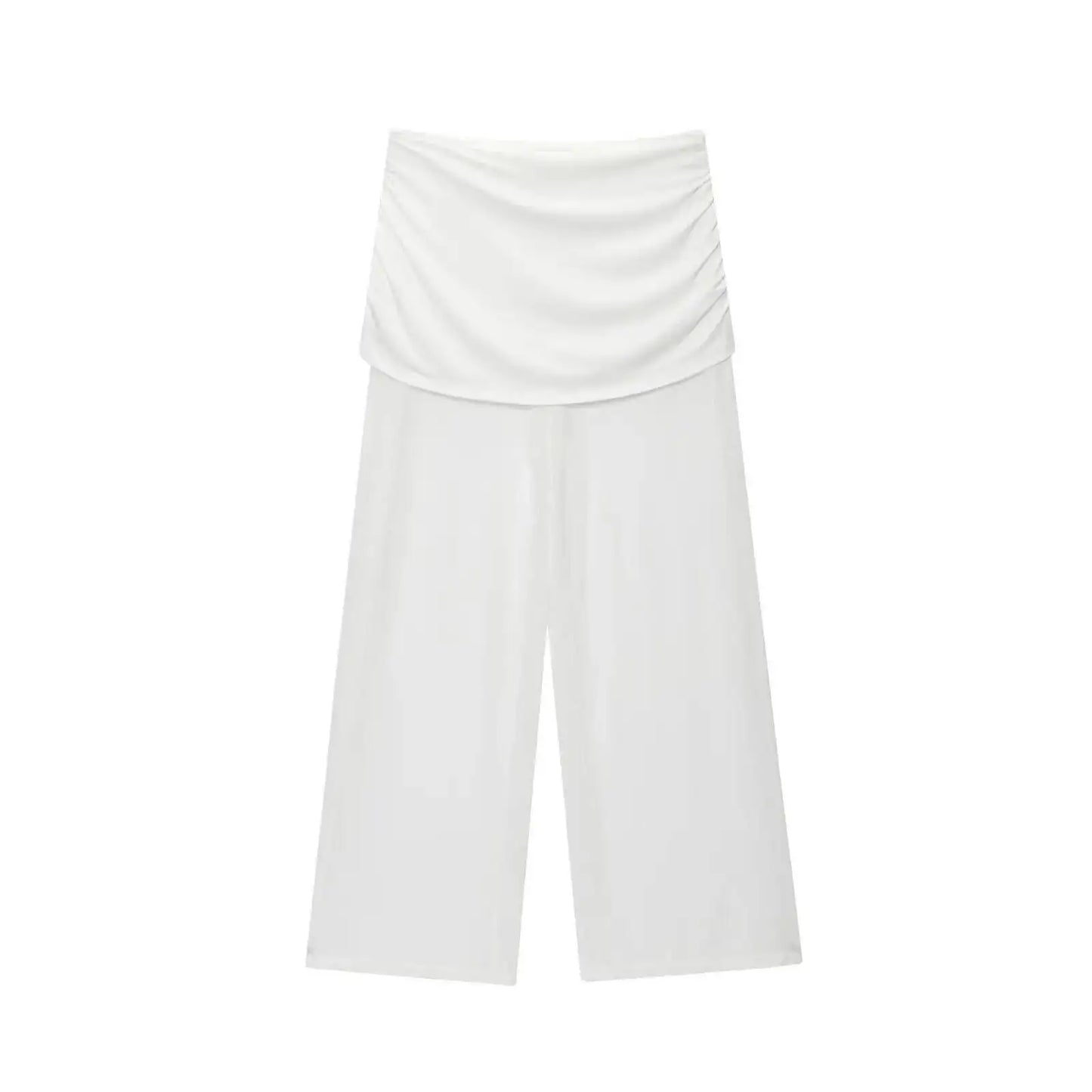 Women's One Shoulder Top Long Pants Set White Strapless Ruched Crop Top And Mesh Flare Pants Two Piece Set Out Party Outfit LNBK