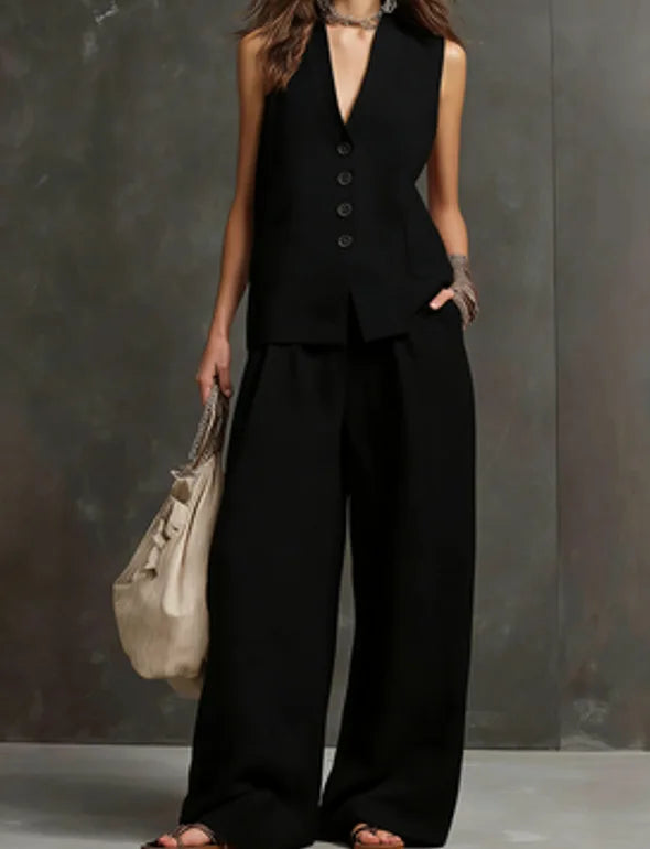 Outfits For Women 2 Piece Set Single-breasted Vest Pocket Solid Color Top Women Pocket Wide-leg Trousers Women's New Summer Suit