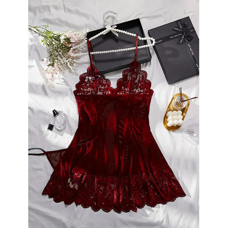 Transparent Lace Nightgown Sexy Sleepwear Female Exquisite Homewear V-neck Bra Thong Set Sleeveless Nightdress Hot Tulle Dress