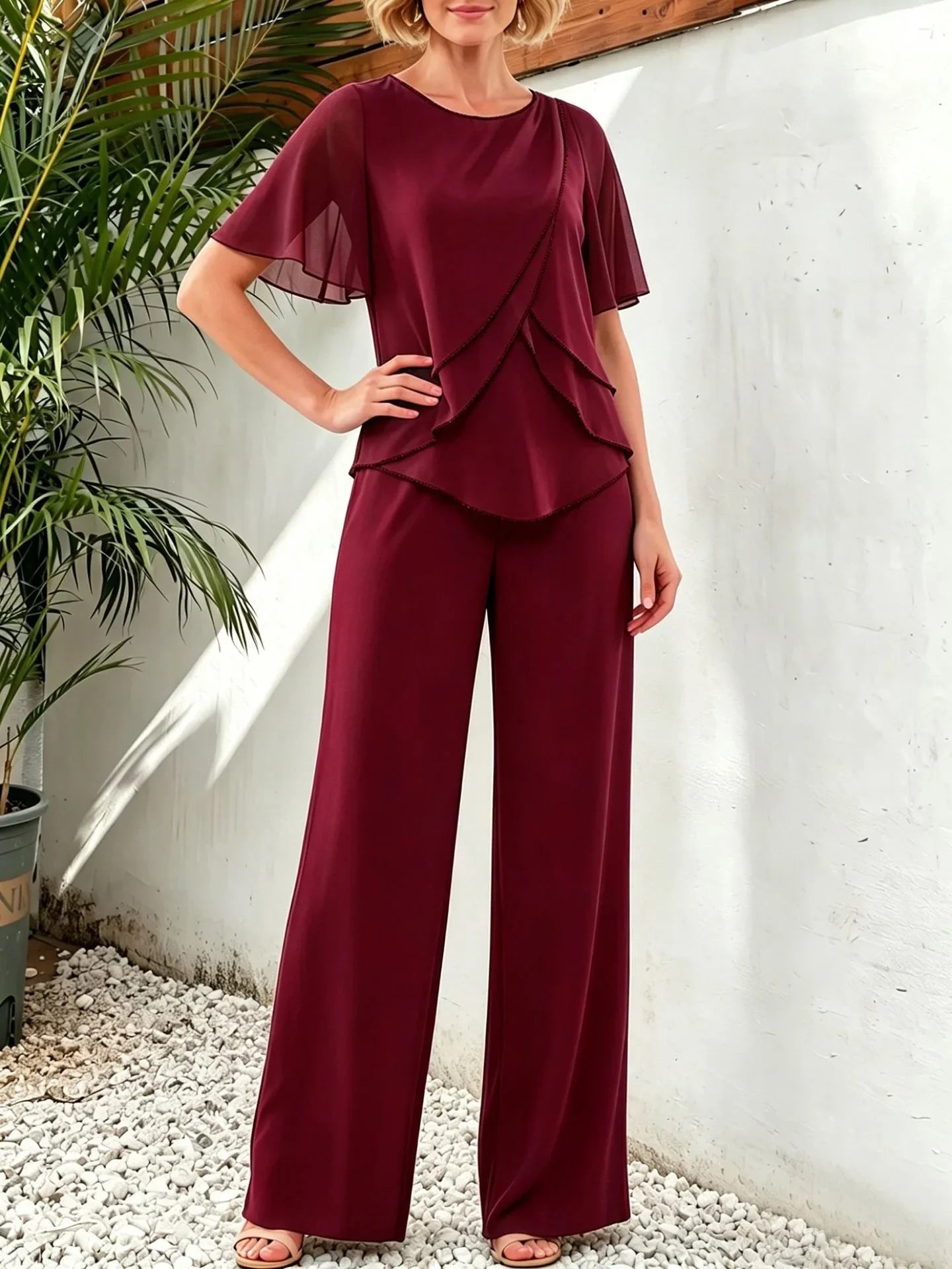 Women's Casual Pants Set Chiffon Breathable Solid Color Round Neck Short Sleeve Loose Irregular Top + Wide-leg Pants 2-piece Set