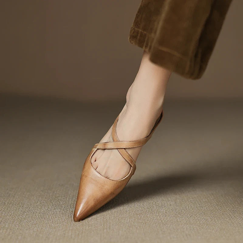 2026 New Summer Women Mules Genuine Leather Women Shoes Pointed Toe Low Heel Cover Toe Slingback Modern Slippers Ladies Shoes