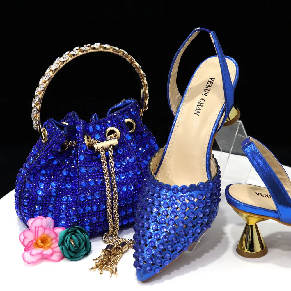Nuevo conjunto de zapatos y bolso de diseño de diamantes