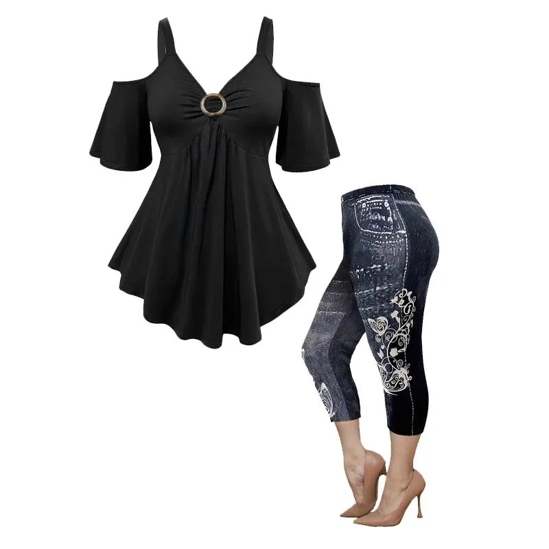 Plus Size Plus Size Ladies Shoulder Bared Fashion Denim Printed Pants Casual Slimming Two Piece Set Polyester Fiber from Main...