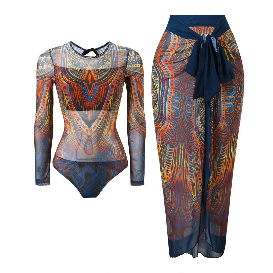 S - XXL Printed Long Sleeve With Sarong One Piece Swimsuit Women Swimwear Female Flowers Padded Bather Bathing Suit Swim K7181