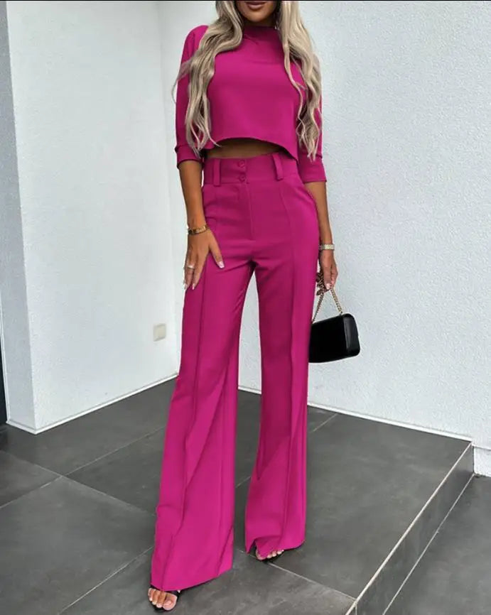 Casual Long Sleeve Shirt Pants Set Office Lady Spring Autumn Fashion Solid O-neck Tops Trousers Two Piece Set Women Outfit 2023