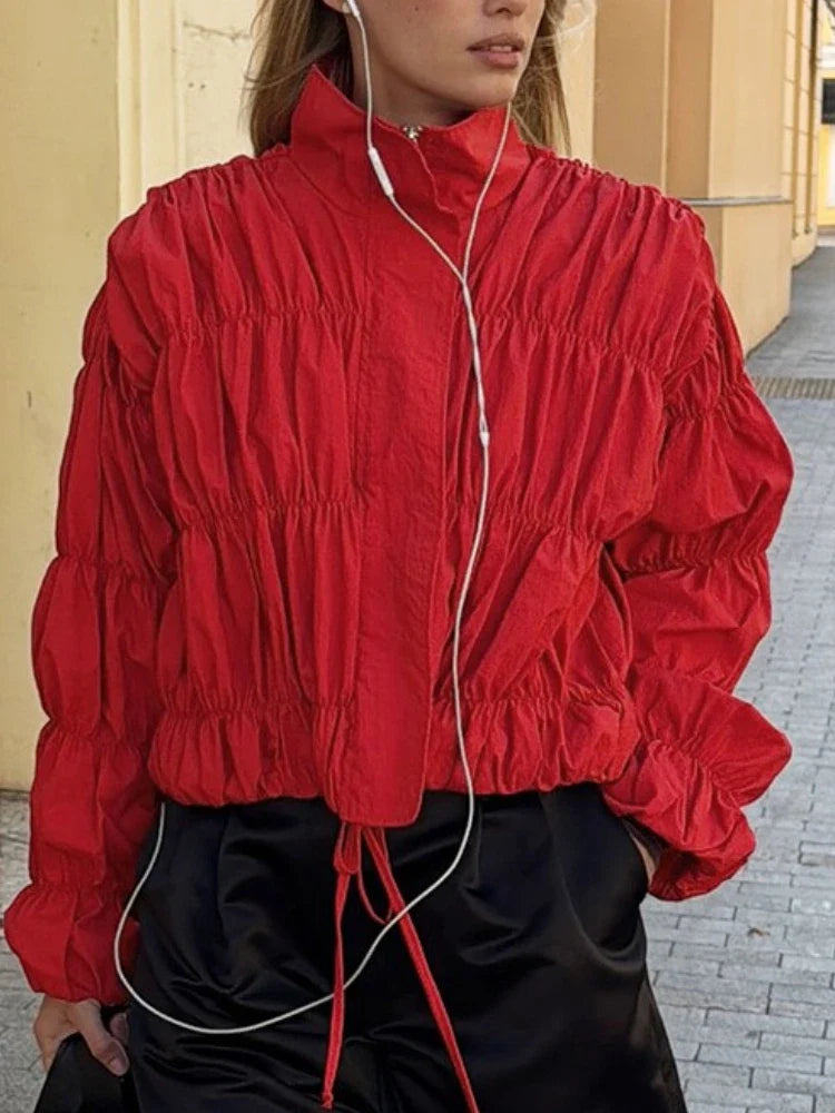 Tossy Solid Commuting Pleated Jackets For Women Long Sleeves Stand Collar Loose Streetwear Cropped 2025 Coat Female Jacket Coat
