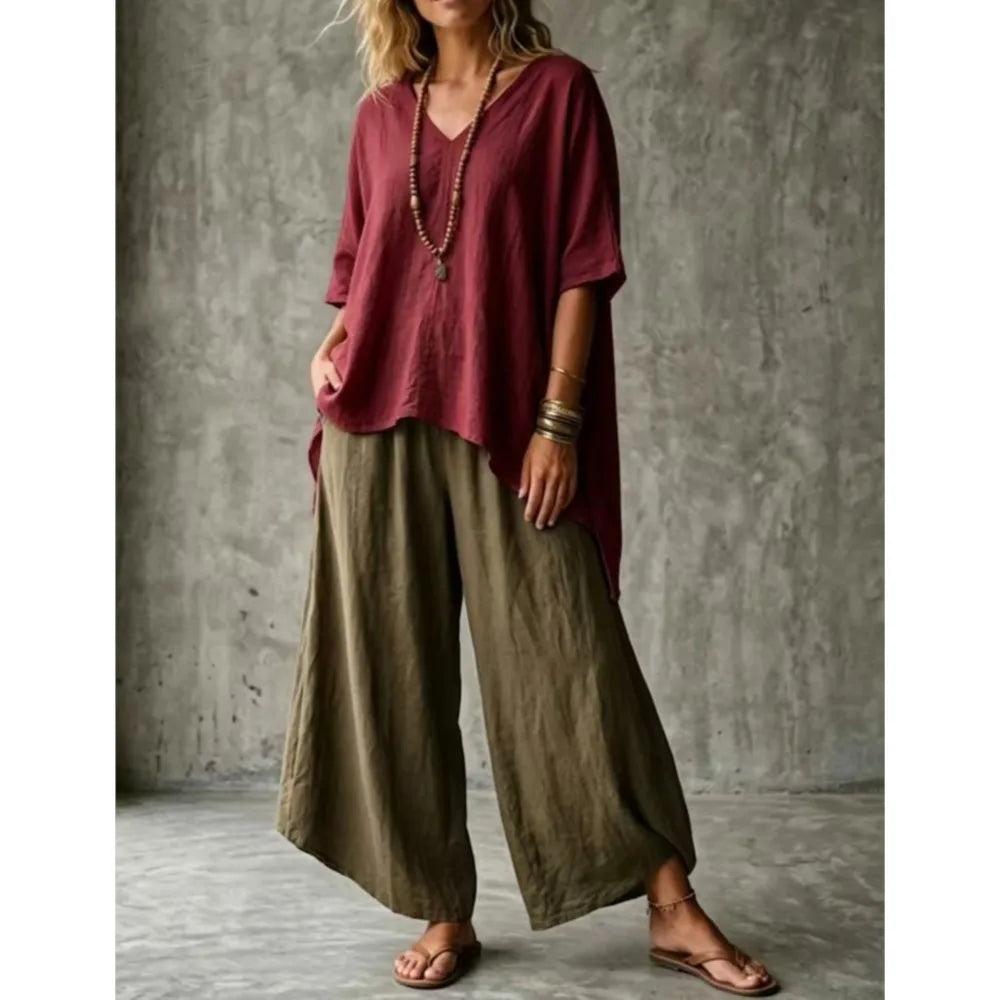 Summer New Loose Retro Short-sleeved T-shirt Trousers 2-piece Set Women's Fashion Irregular Top + Wide-leg Trousers Set Female