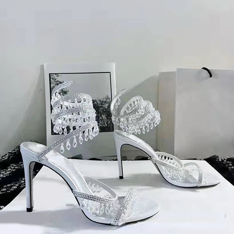 2023 Summer Crystal Pendant Twine Sandals Rhinestone High Heels 10cm Open Toe Women Shoes Party Wedding Bridal Shoes Size 34-43