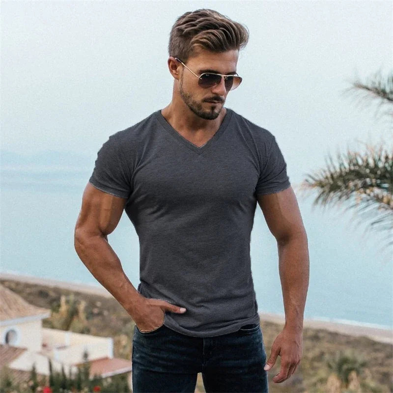 Hombres Moda Cuello V Manga Corta Fitness Ejercicio Verano Algodón Transpirable