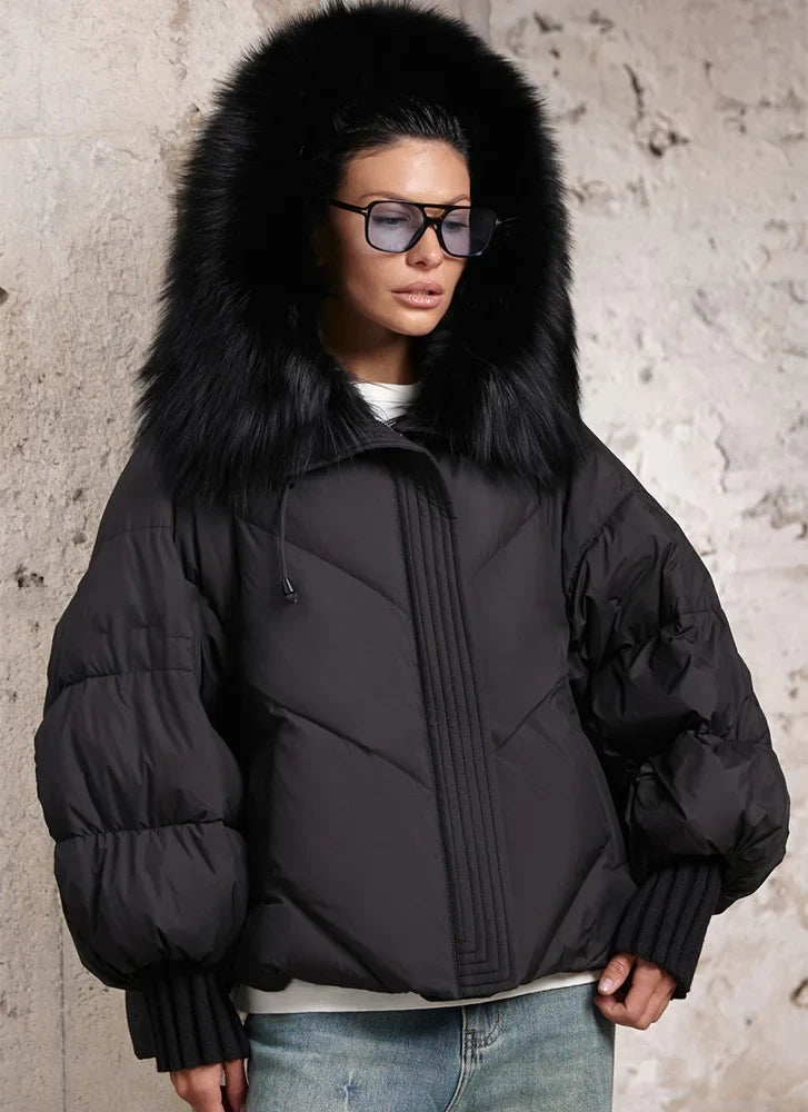 Women Winter Goose Down Jackets Real Fox Fur Collar Hooded Thick Natural Raccoon Fur Female Outwear Warm Loose Puffer Coats