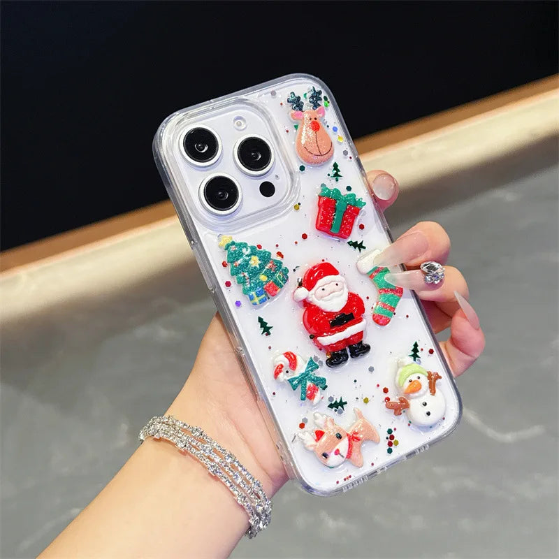 3D Cute Cartoon Christmas Drop Glue Glitter Phone Case For iPhone