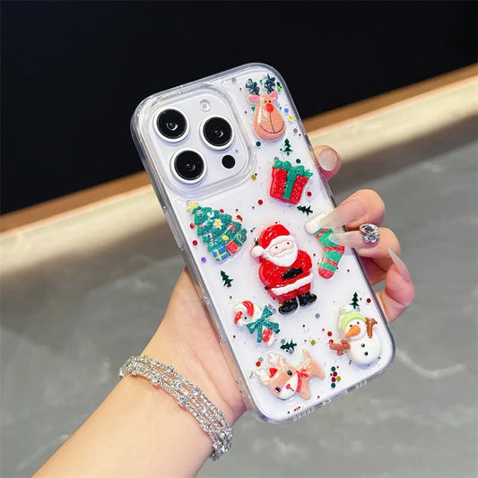 3D Cute Cartoon Christmas Drop Glue Glitter Phone Case For iPhone